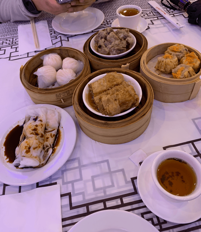 dim sum including cheung fun, shrimp dumplings, spare ribs, shui mai, stuffed bean curd
